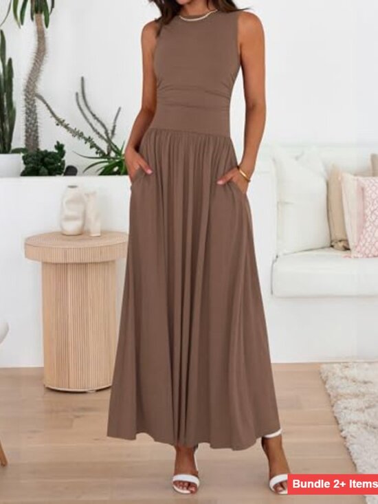 Sleeveless Maxi Dress Ruched High Waist Flowy Casual Beach Sundress - Picture 4 of 7